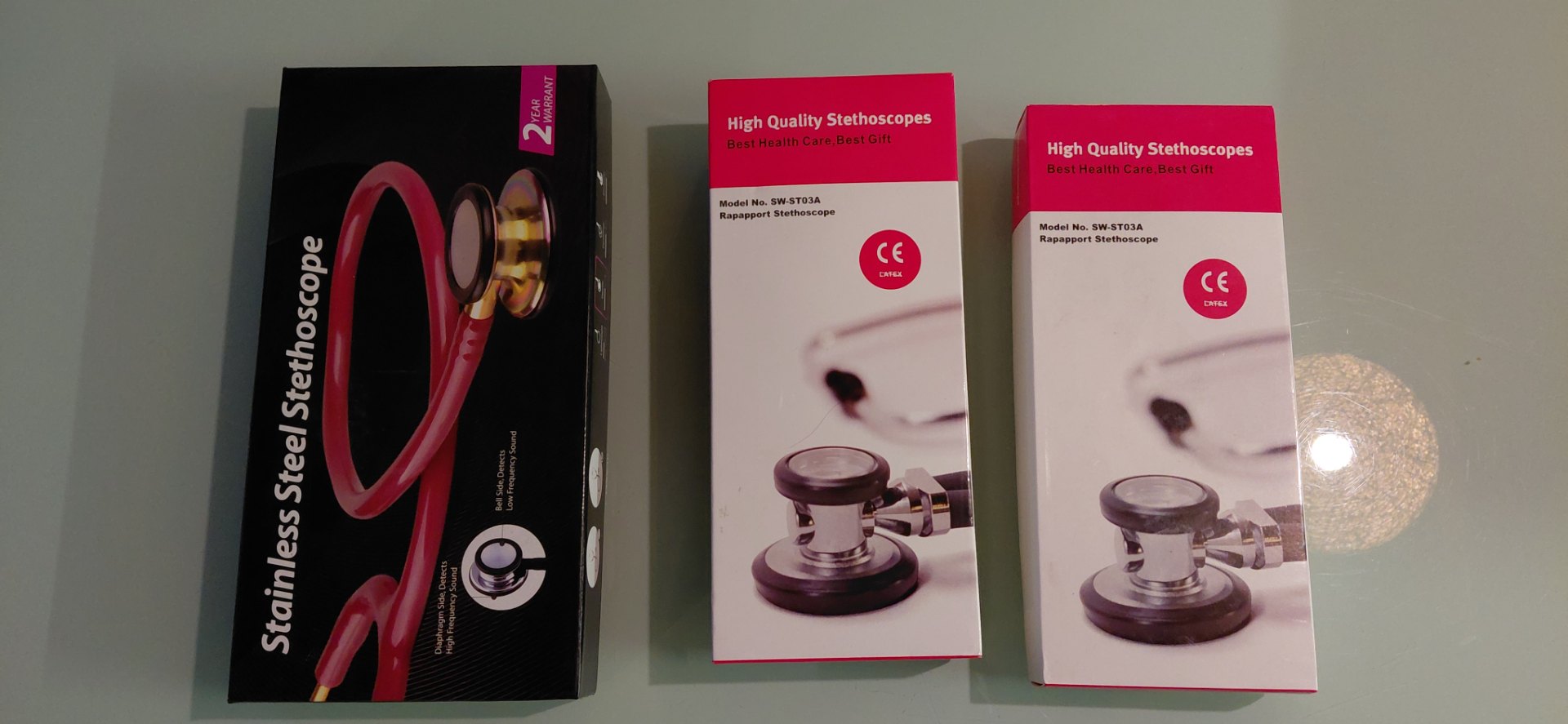 Lot 18 — 3 x Acoustic Stethoscopes (New, opened) — 2 x SW-ST03A (red boxes) + 1 Stainless Steel (black box)