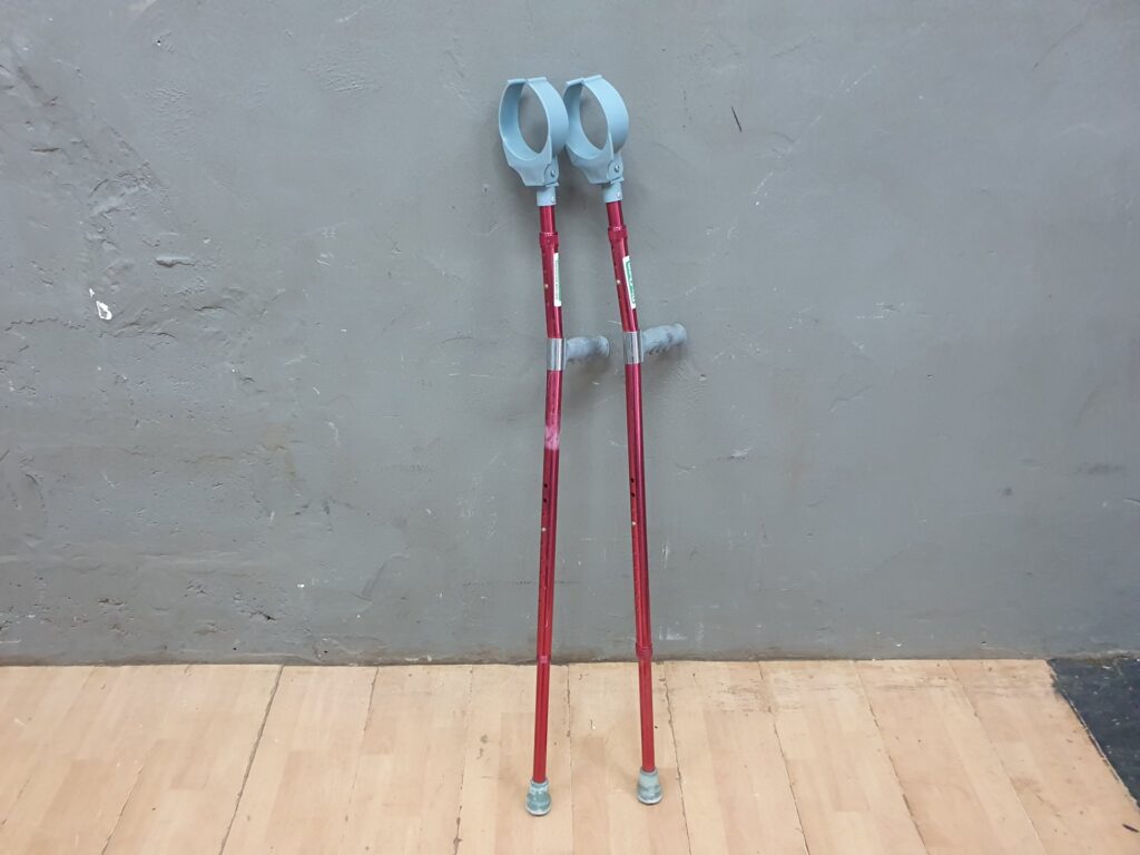 Pair of Red Adjustable Forearm (Lofstrand) Crutches — Used, Complete, Needs Cleaning