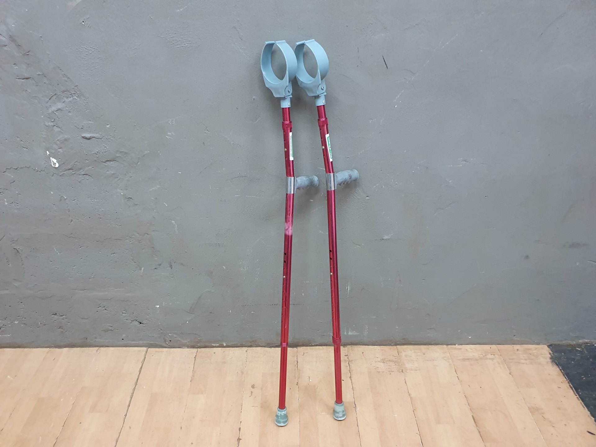 Pair of Red Adjustable Forearm (Lofstrand) Crutches — Used, Complete, Needs Cleaning