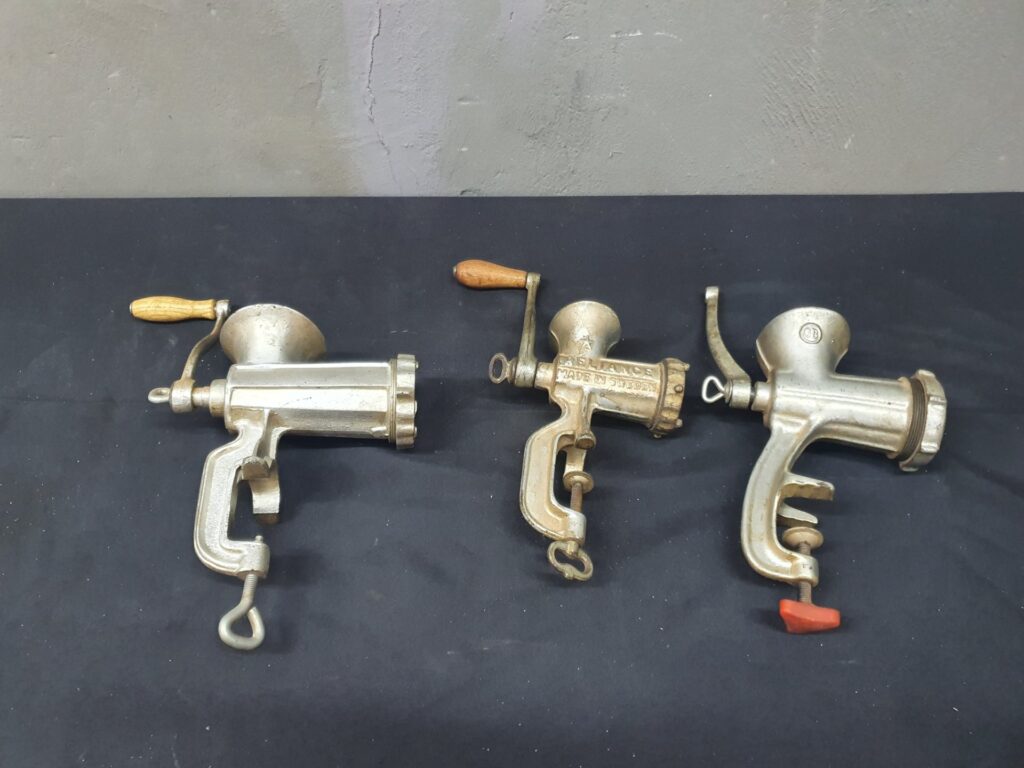 Lot of 3 Vintage Clamp‑On Manual Meat Grinders — Cast Metal (one stamped ‘RELIANCE MADE IN SWEDEN’)