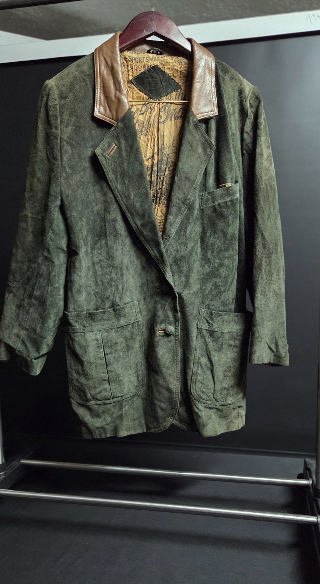 Men’s Green Suede Long Jacket with Brown Leather Collar — Scirocco labelled, printed lining