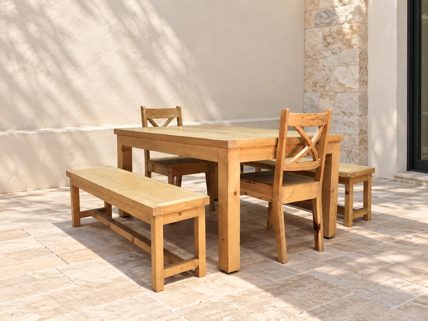 Rustic Solid-wood Dining Set — Large Table with Long Bench, 2 X‑back Chairs & 1 Small Stool (5-piece)