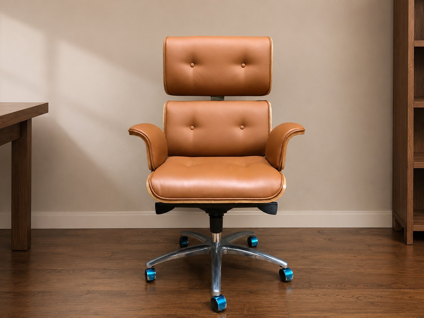 Mid-century style executive office lounge chair — tan upholstery, plywood shell, chrome 5-star base (working)