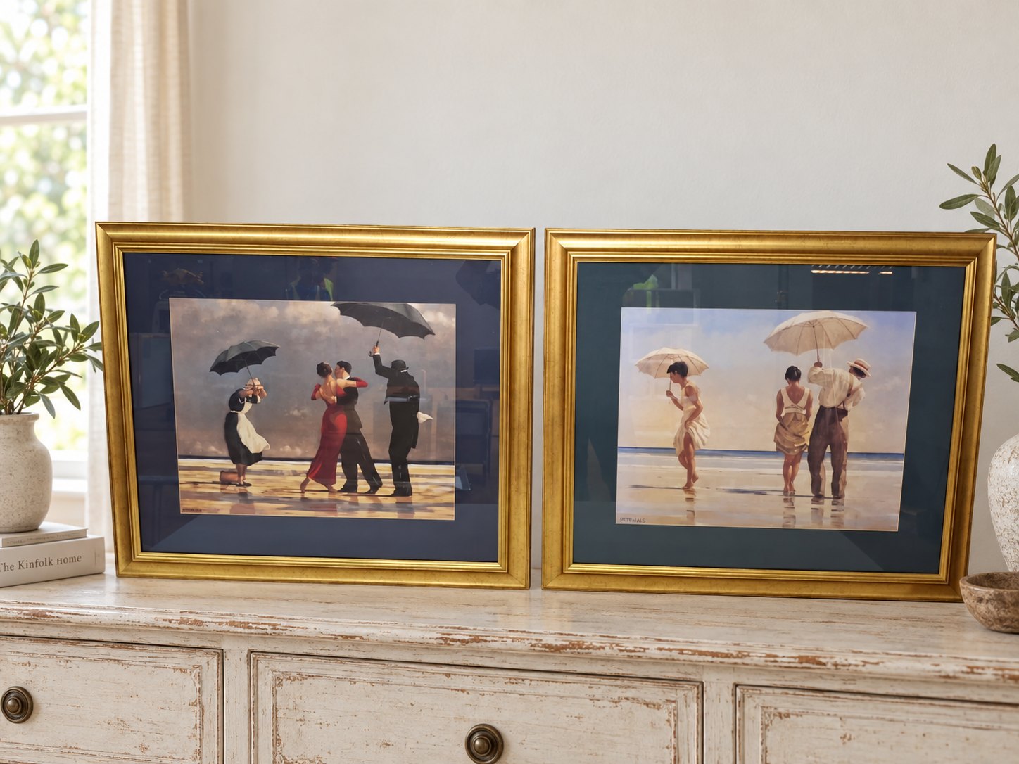 Pair of Framed Beach Prints signed ‘VETTRIANO’ — Gold Frames, Green Mats (H80 x L94 x D3 cm)