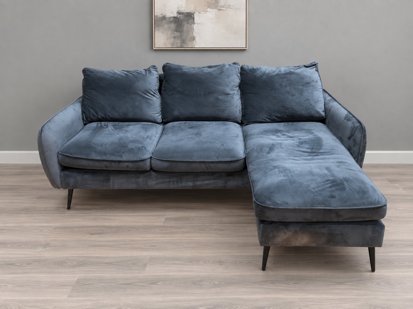 Blue velvet-look 3-seat sofa with right-hand chaise and tapered black legs