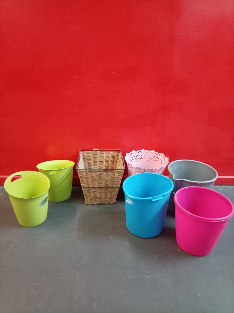 Assorted dustbins & buckets plus tall wicker basket — mixed lot, used, visible wear