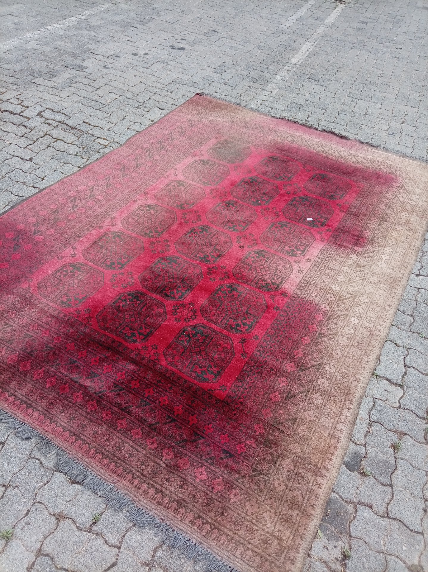 Genuine Pakistani Hand-Knotted Carpet 277 x 200 cm — Large red field, labelled, needs cleaning & restoration