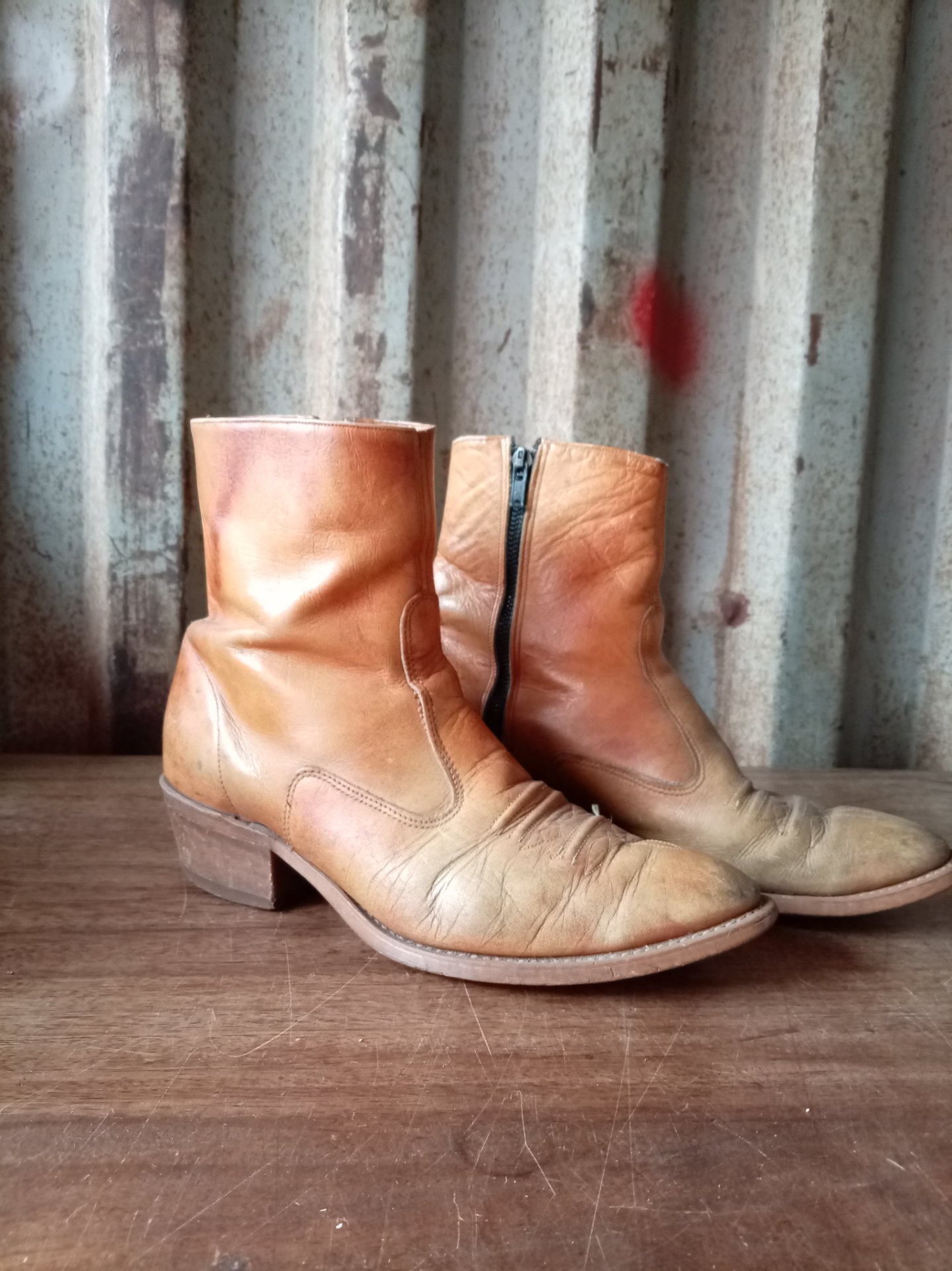 Tan Genuine Leather Ankle / Cowboy Boots — Size 10 D, Side Zips, Stitched Soles