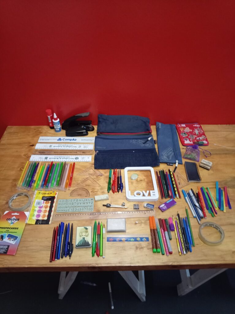 Mixed stationery lot — pens, pencils, rulers, sharpeners, pencil cases, stickers & craft bits (used, untested)