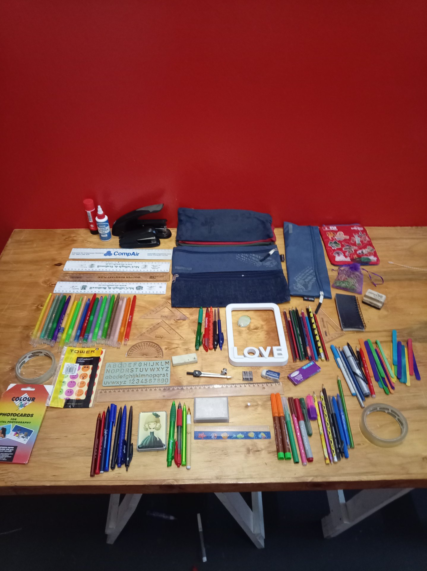 Mixed stationery lot — pens, pencils, rulers, sharpeners, pencil cases, stickers & craft bits (used, untested)