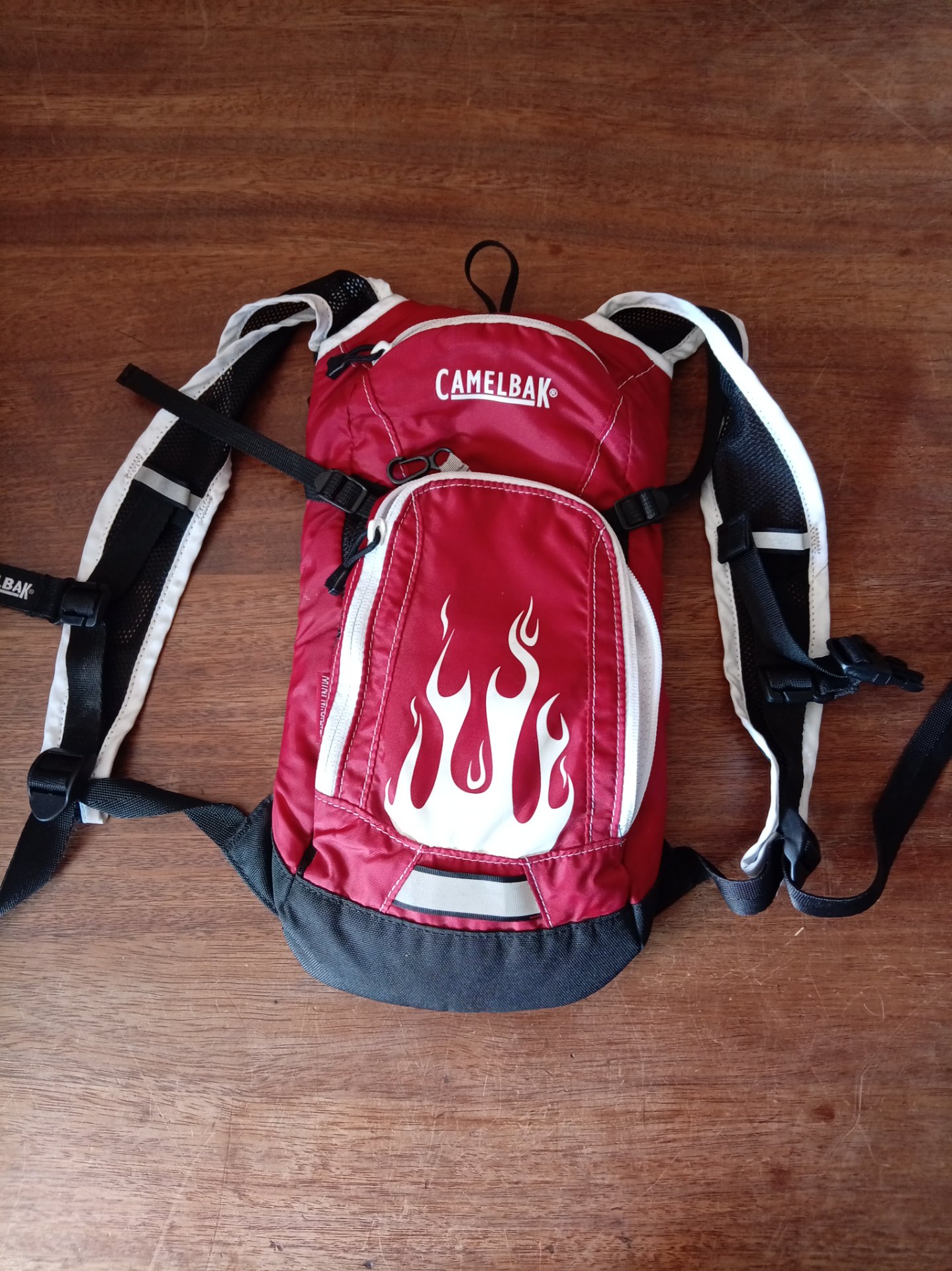 CamelBak Red Hydration Pack (small) — Padded back, front pocket, used — Untested (no bladder visible)