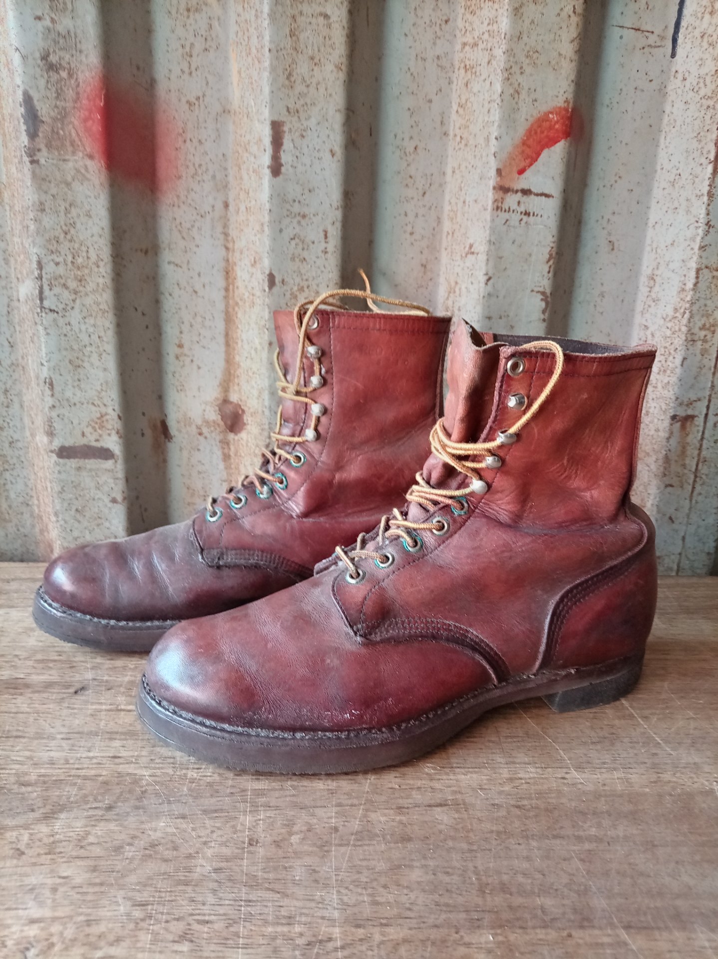 Pair of Red Wing men’s leather lace-up boots — vintage worn condition, stamped upper