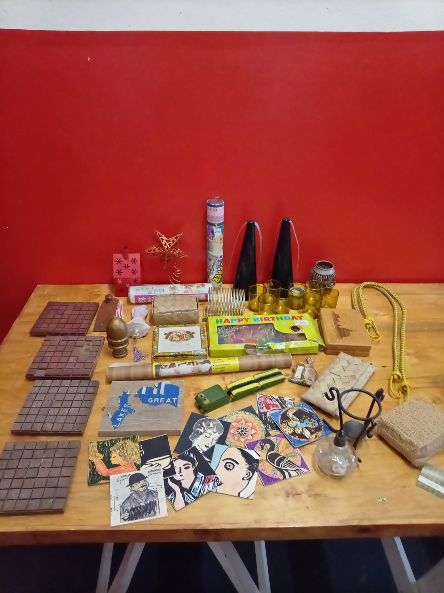 Mixed lot of small decorative & household items — amber glass votives, coasters, boxes, Con-Tact roll, party lights (untested)