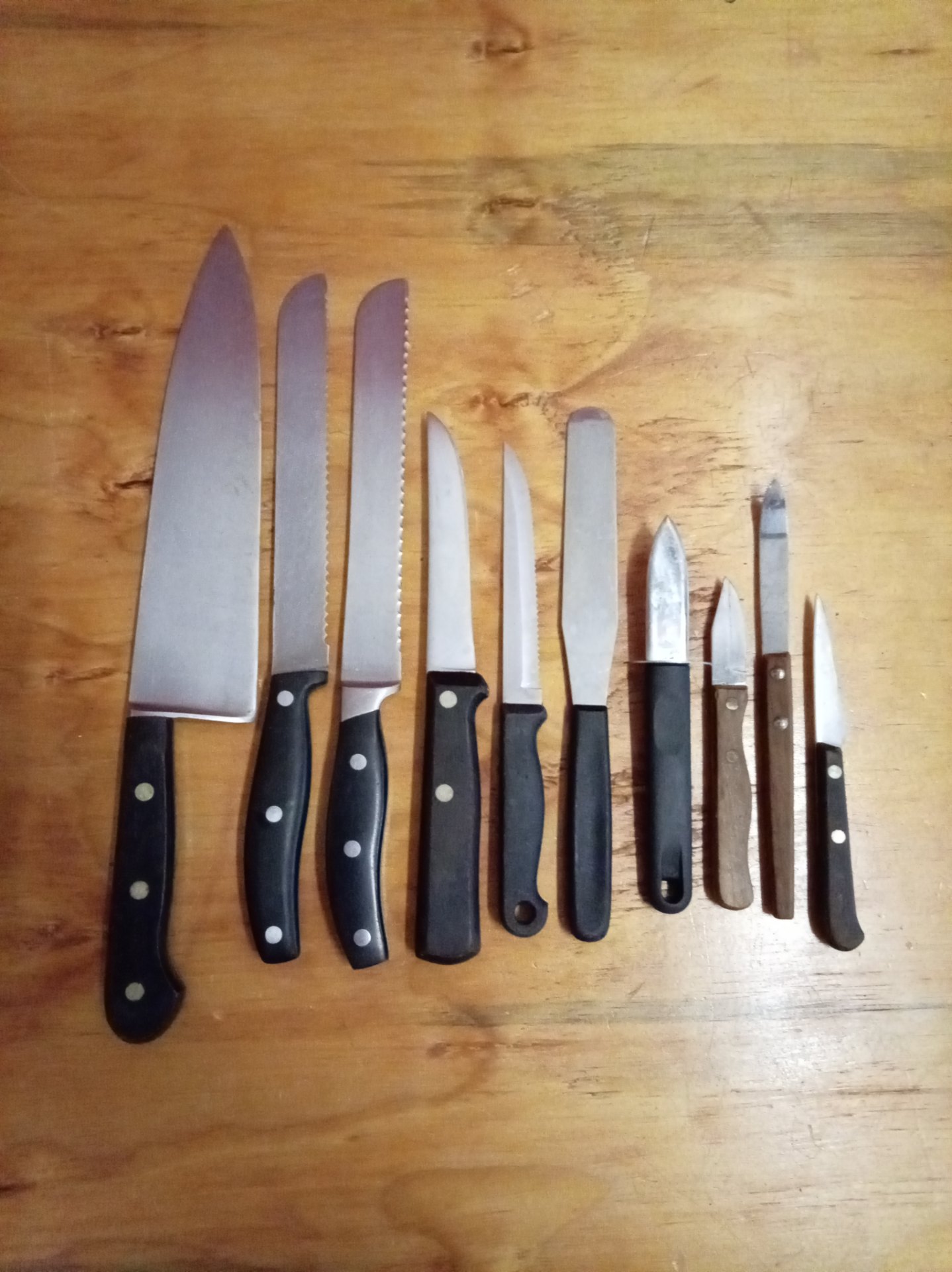 Assorted kitchen knife lot (approx. 9–11 pieces) — large chef, serrated blades, paring knives & spreader, used with staining and some rust