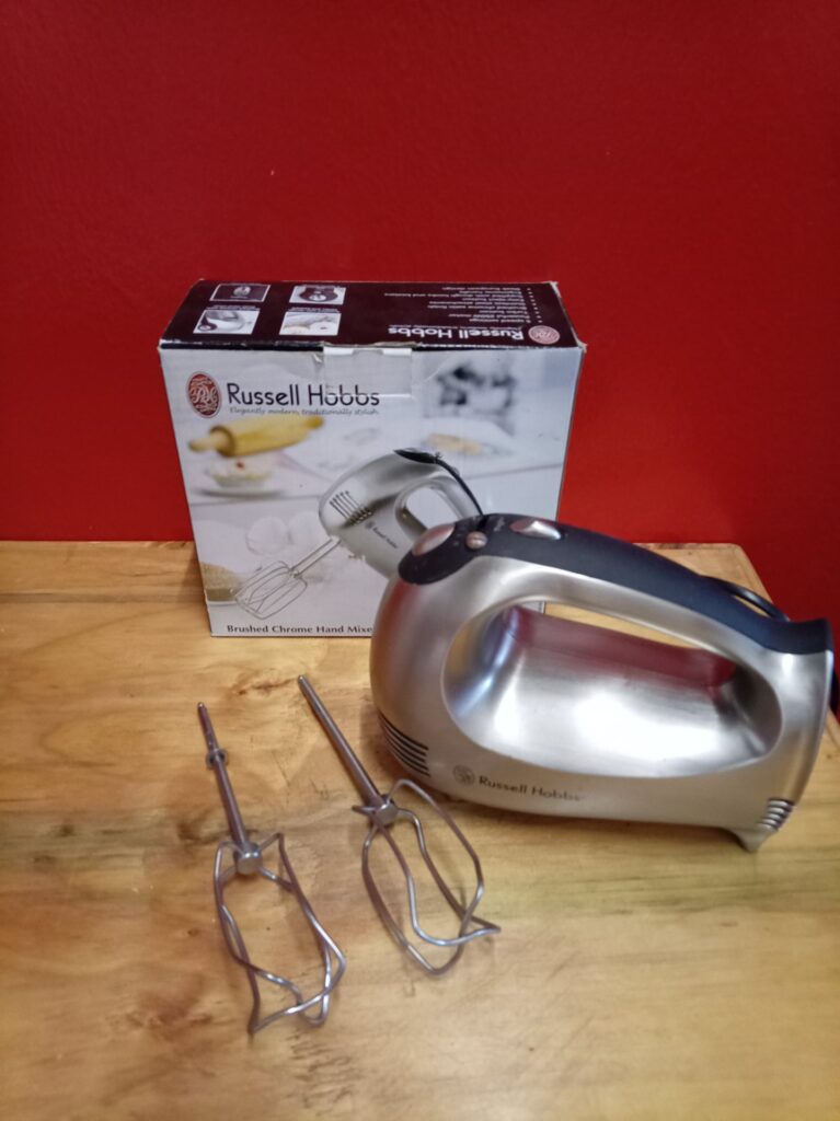 Russell Hobbs Brushed Chrome Hand Mixer — Working, 2 Beaters + Original Box, Used
