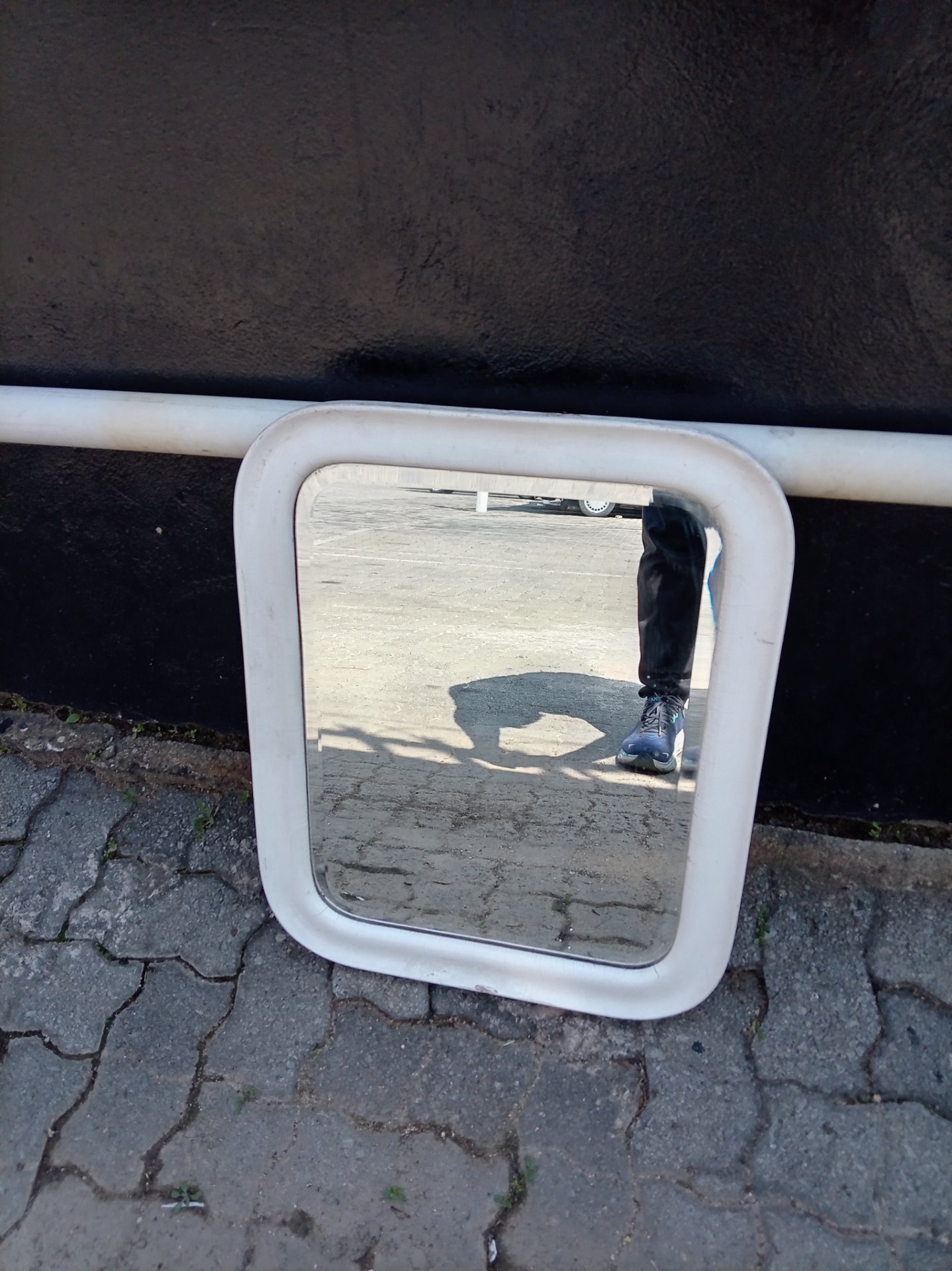 White Plastic-Framed Wall Mirror (rounded corners) — Scuffed Frame, Glass Intact