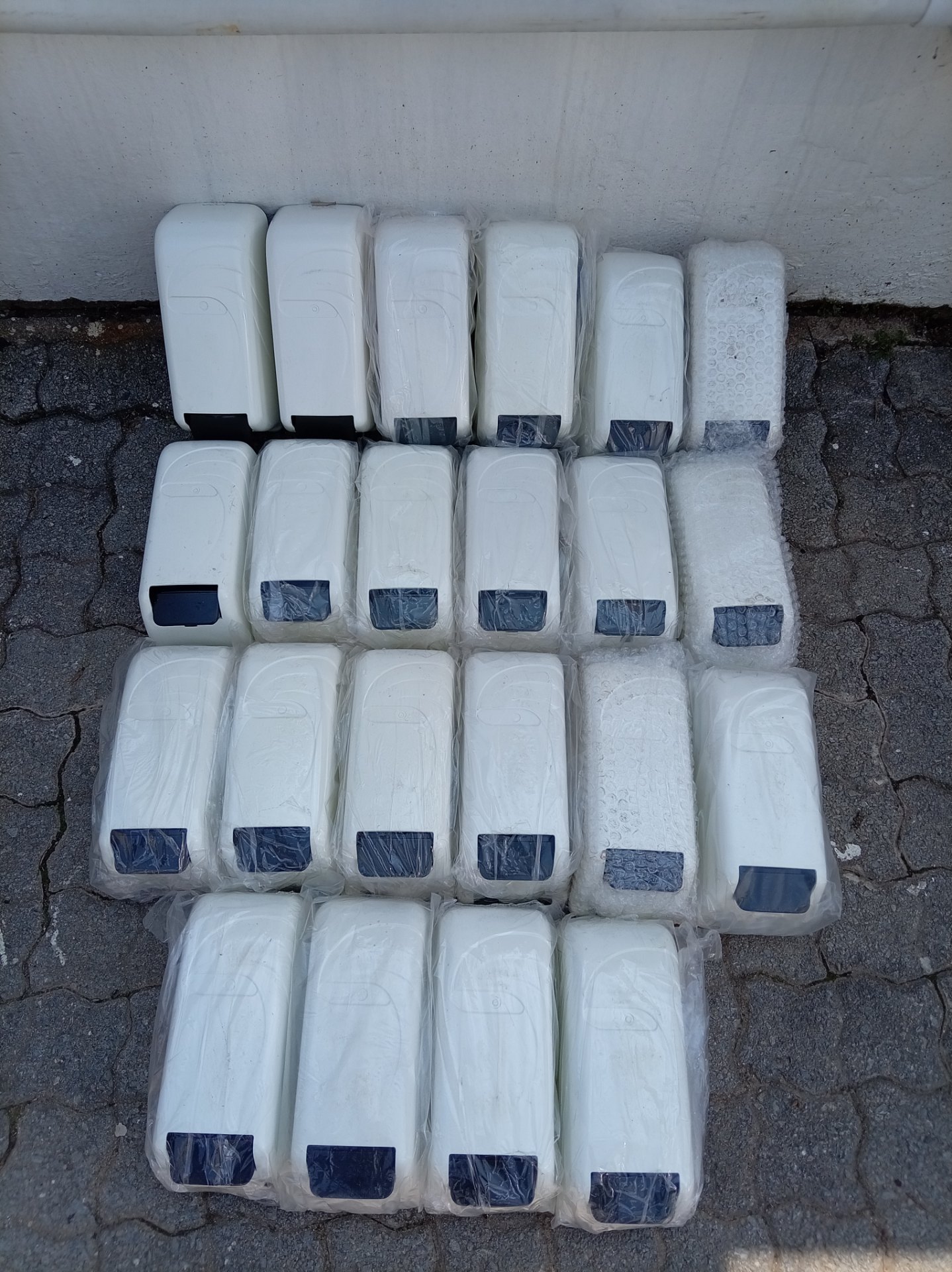 Lot of 22 White Wall-Mount Soap Dispensers — Mixed New/Used, Internal Mechanisms Included (Seller Info)