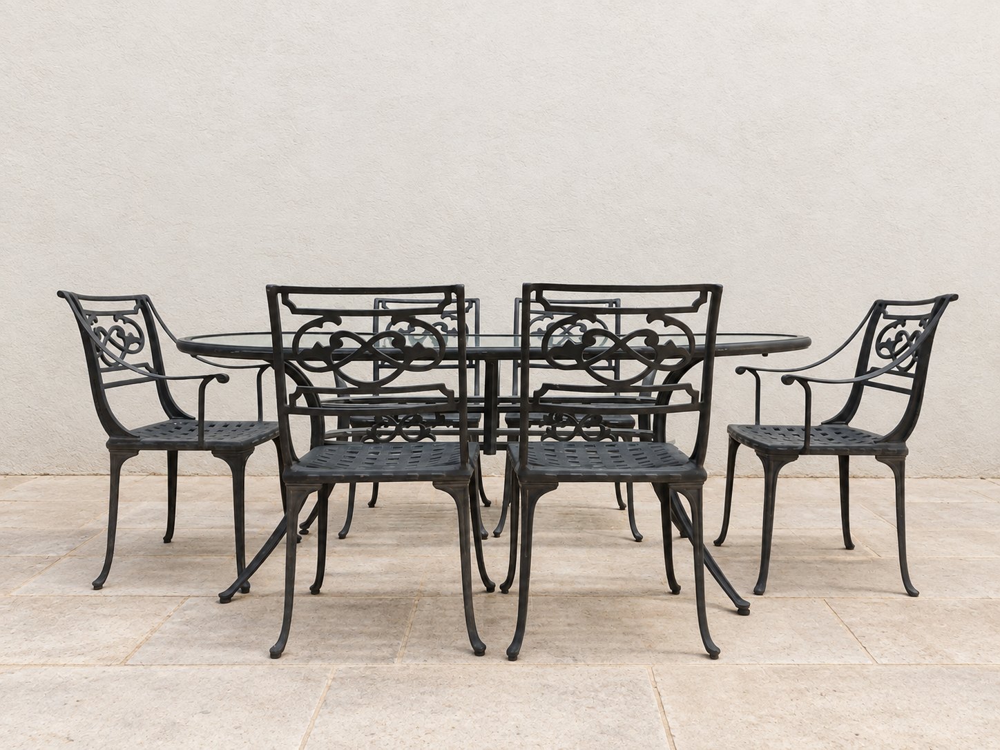 Outdoor Oval Glass-Top Dining Table with 6 Metal Chairs (2 Armchairs, 4 Side Chairs)