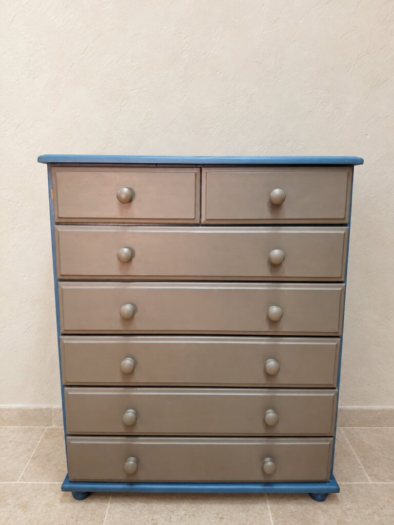 Painted 7-drawer tallboy chest — blue frame with taupe drawers, repainted, cosmetic wear