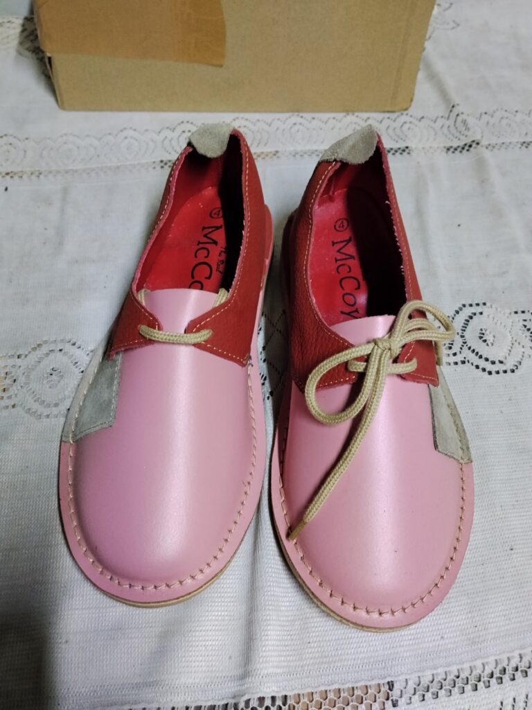 McCoy pink-multi lace-up shoes — size 4 pair with original (worn) box, visible scuffs & inner lining wear