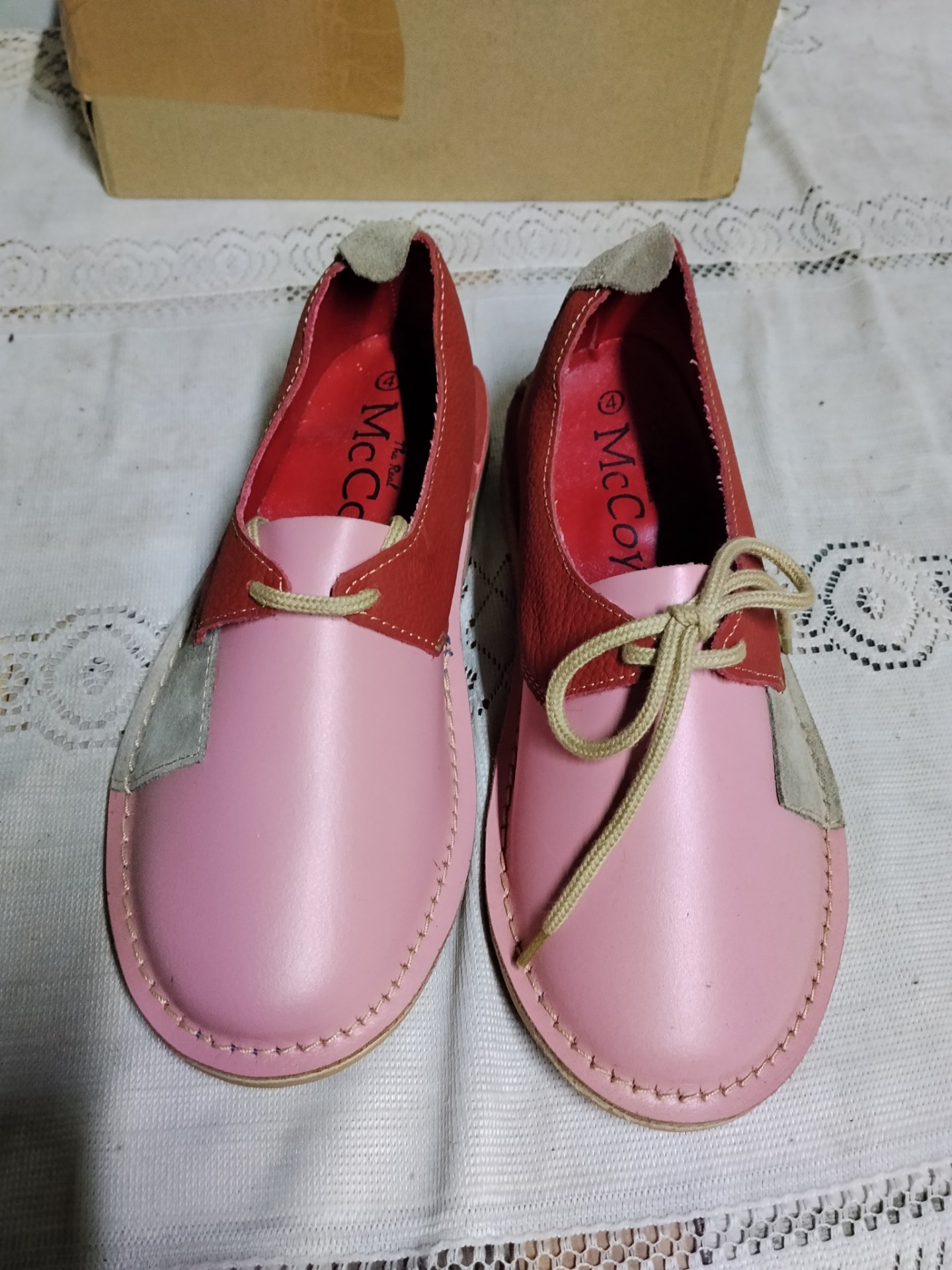 McCoy pink-multi lace-up shoes — size 4 pair with original (worn) box, visible scuffs & inner lining wear