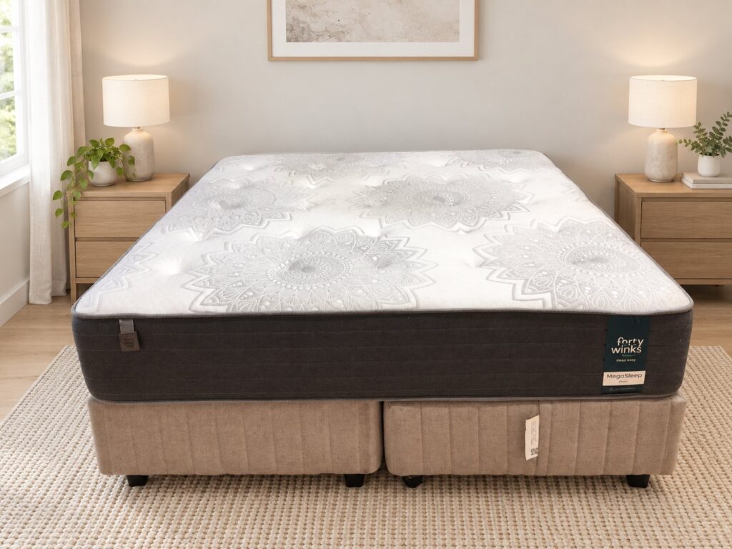 Forty Winks MegaSleep Firm+ mattress (labelled) with divan base — used, noticeable surface staining
