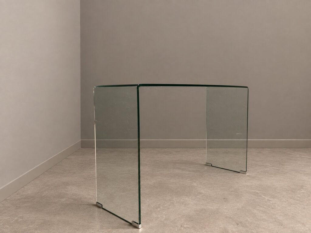 Bent tempered glass console table — one-piece U-shaped, 125 x 40 x 76 cm, metal foot pads