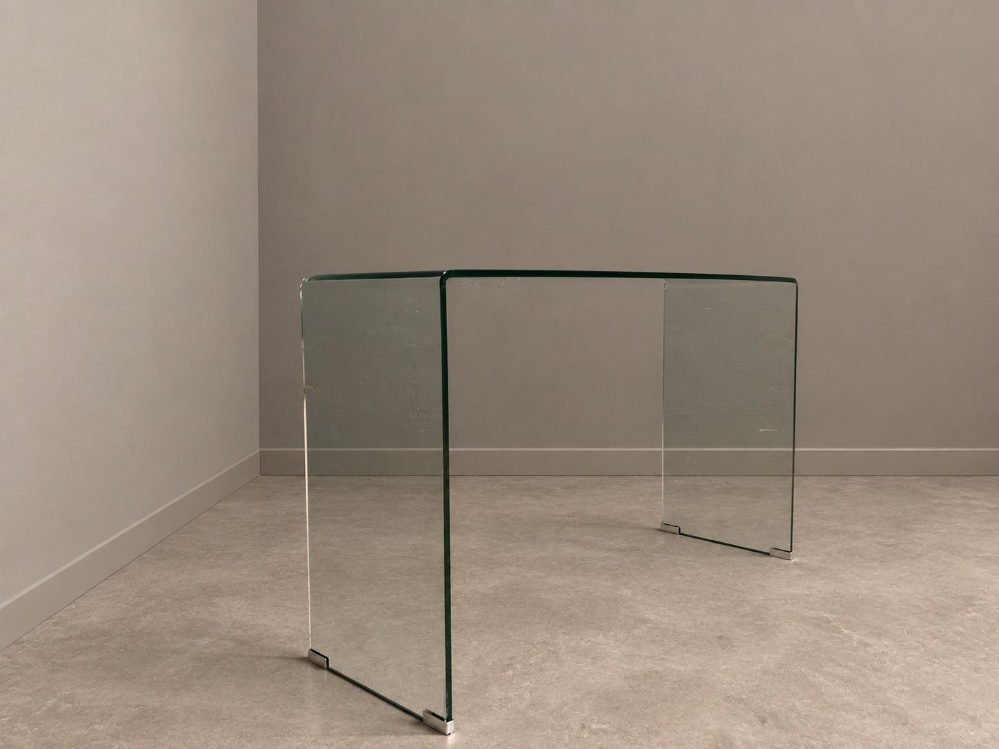 Bent tempered glass console table — one-piece U-shaped, 125 x 40 x 76 cm, metal foot pads