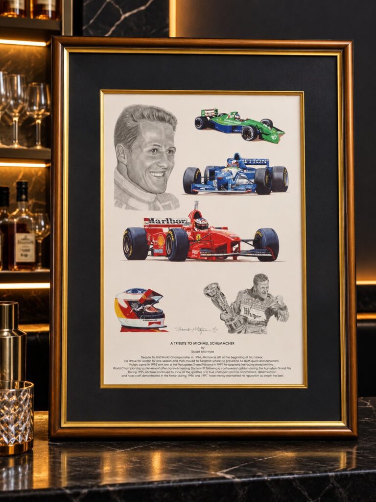Framed Stuart McIntyre motorsport tribute print (framed, 84 x 67 cm, glass)