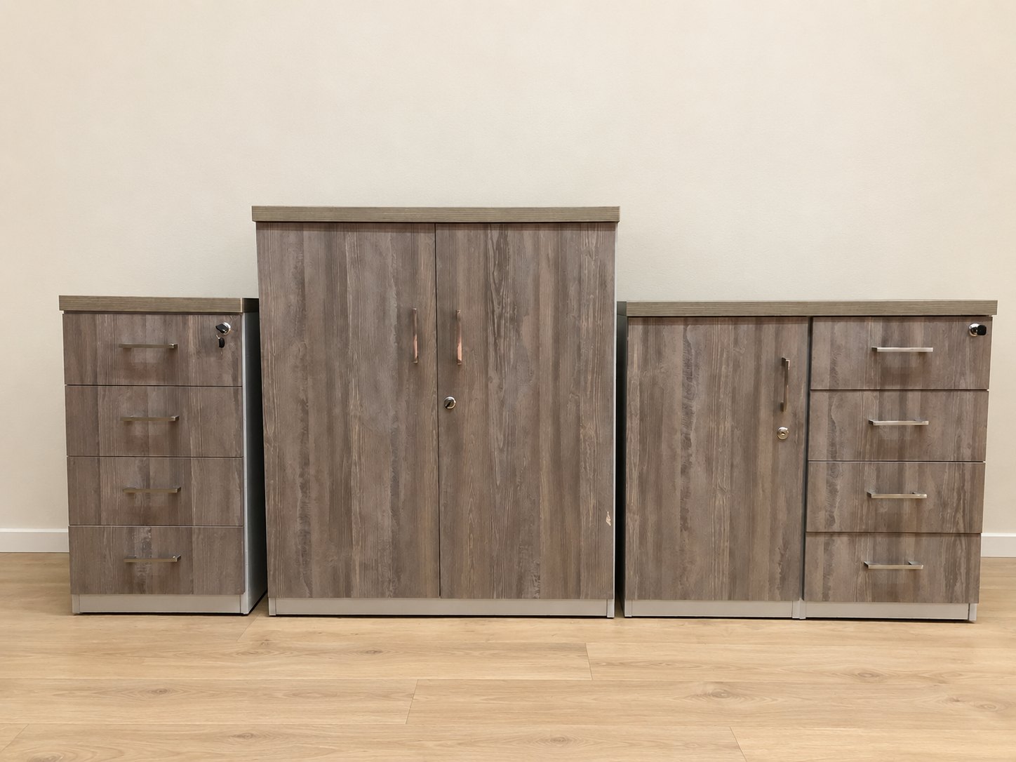 3‑Piece Office Storage Set — Woodgrain Laminate Cabinets with Locks & Keys, Good Used Condition