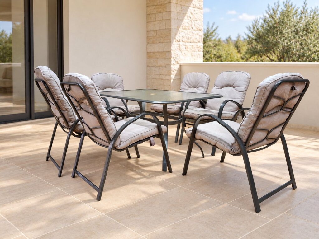 Outdoor 7-piece patio dining set – rectangular glass-top table + 6 cushioned metal chairs (used)