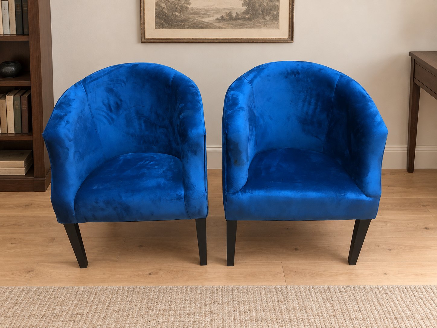 Pair of Blue Velvet Tub Chairs – Barrel Accent Chairs with Black Painted Legs