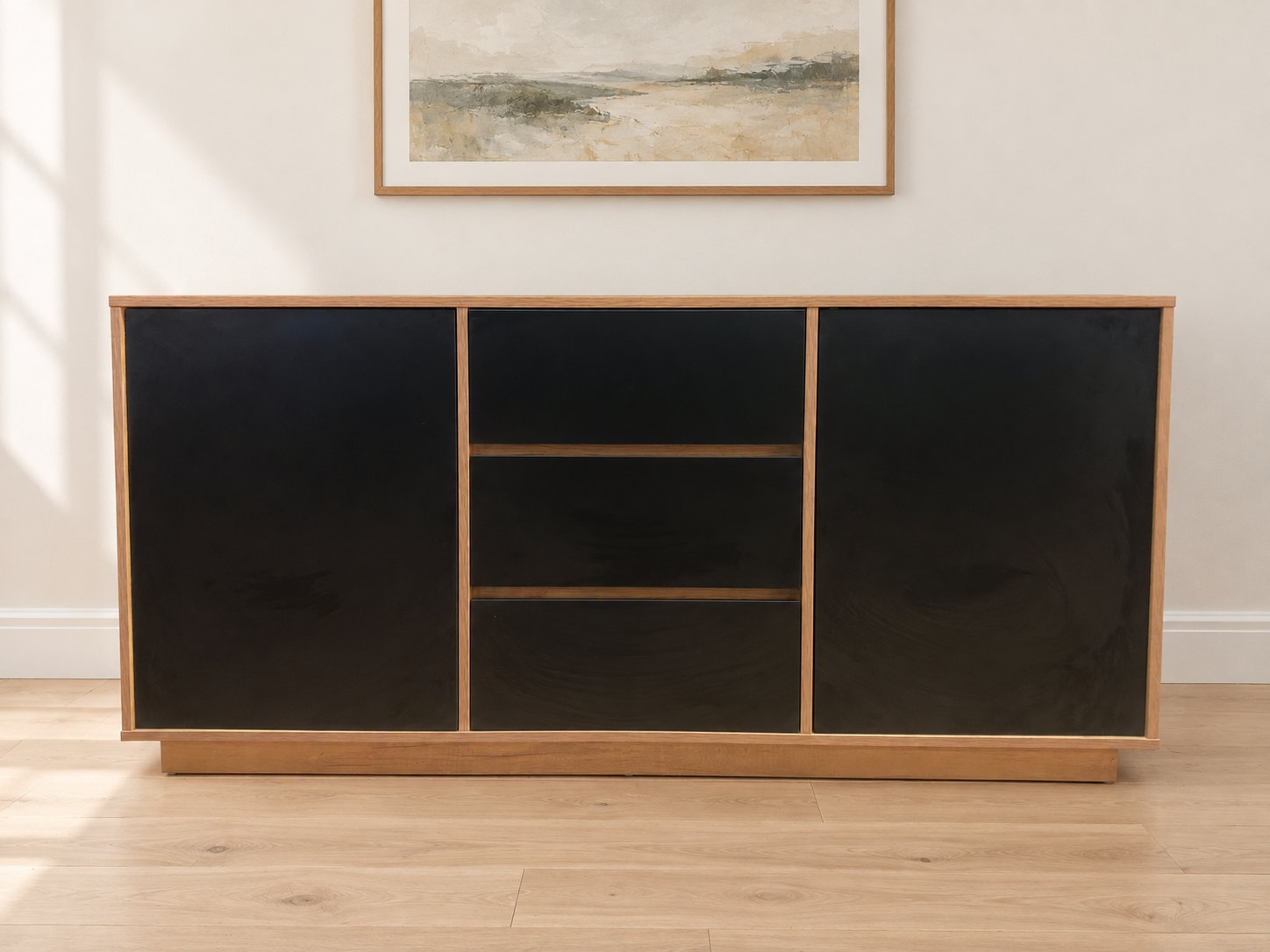 160cm Modern Wooden Sideboard / Credenza with Black Lacquer Fronts — 3 Drawers, 2 Cupboards