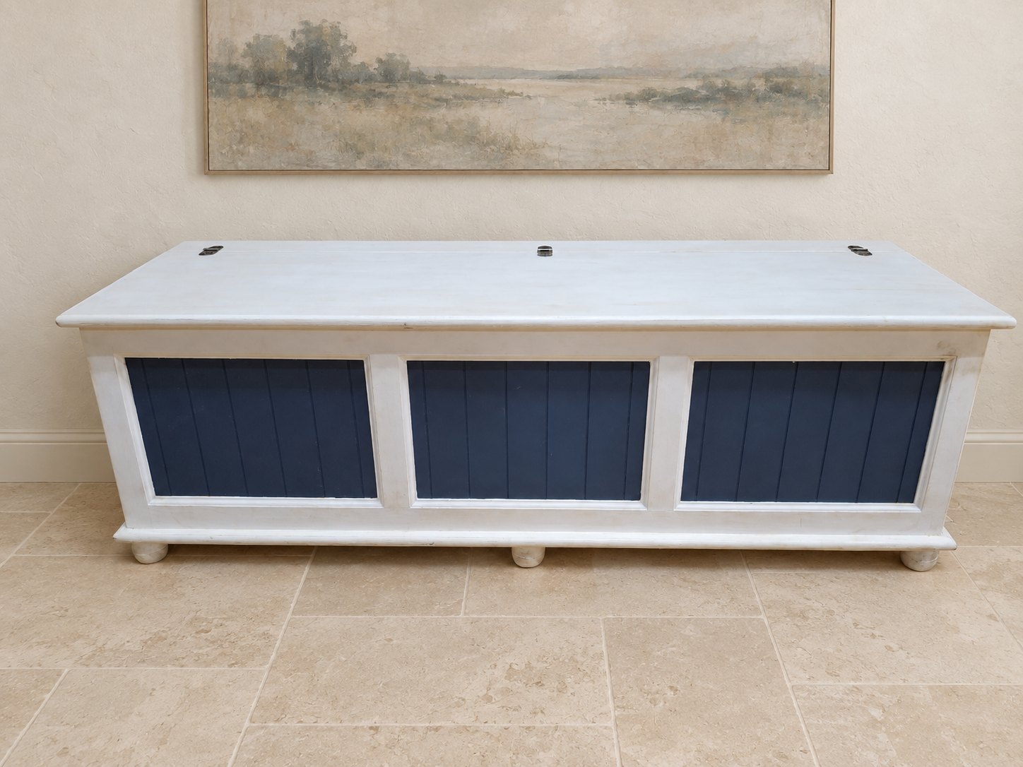 Painted Wooden Storage Chest / Blanket Box – Hinged Lid with Stays, Navy Panel Fronts