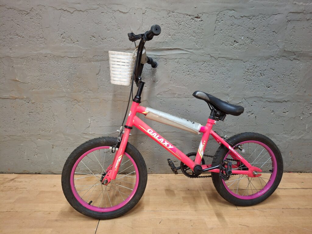 Galaxy 14″ Kids Bicycle — Pink single-speed with basket, drives (rear brake only)