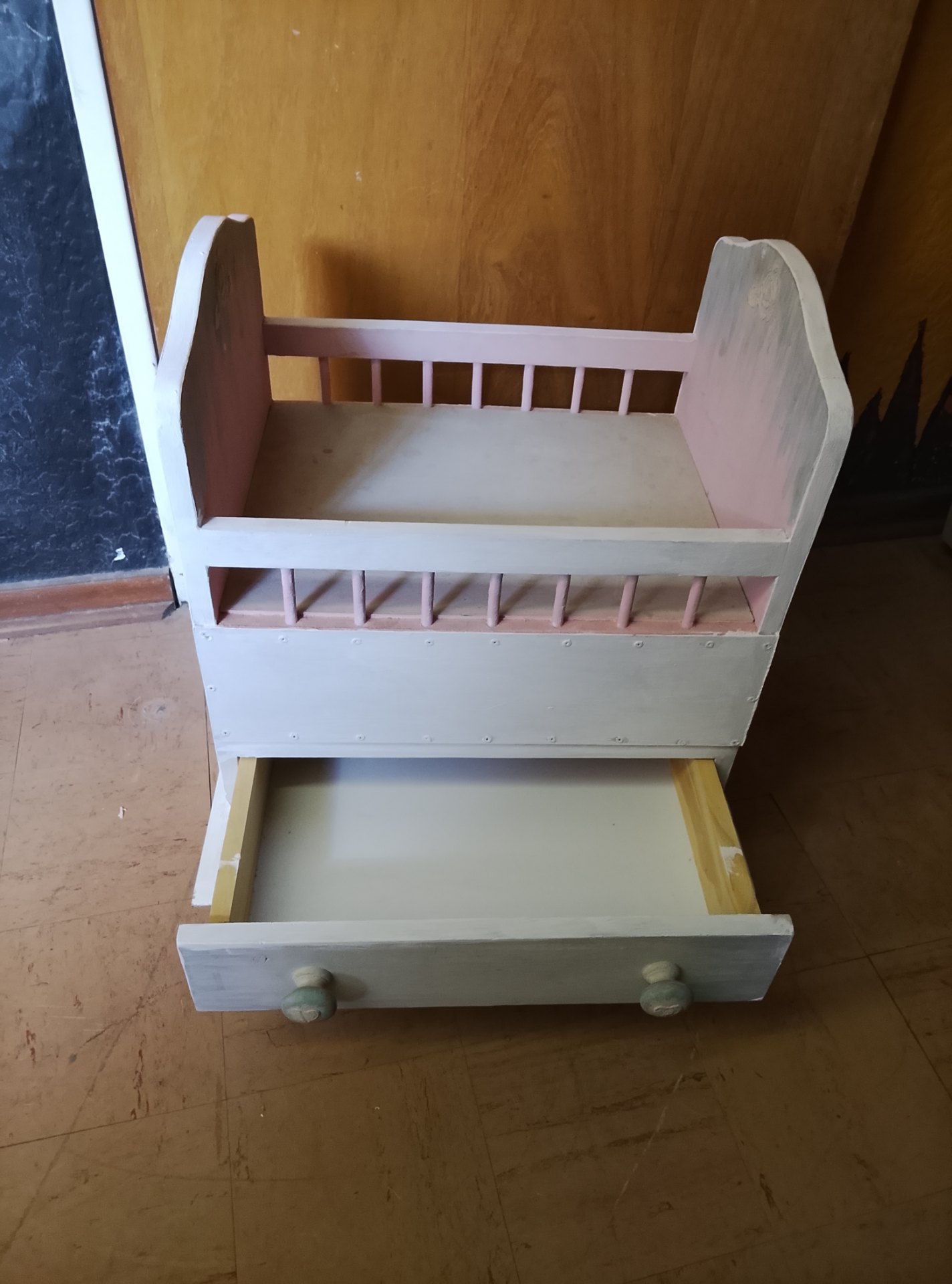 Small Painted Wooden Doll Cradle with Working Drawer — Decorative / Project Piece