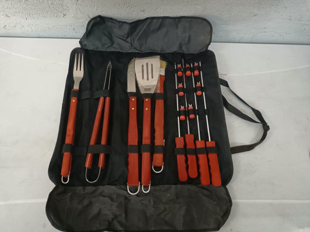 12-piece BBQ Grill Utensil Set with Roll-Up Carry Case — Wooden Handles, Stainless Tools, Multiple Skewers