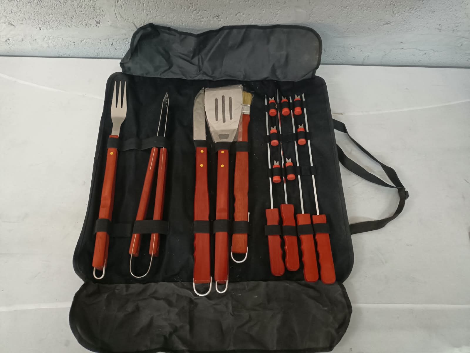 12-piece BBQ Grill Utensil Set with Roll-Up Carry Case — Wooden Handles, Stainless Tools, Multiple Skewers