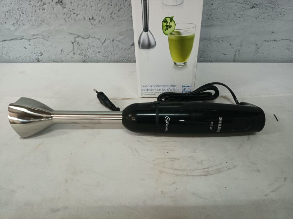 Philips Daily Collection ProMix 550W Hand / Immersion Blender with Beaker & Box — tested working, steel shaft, visible dent in blending bell