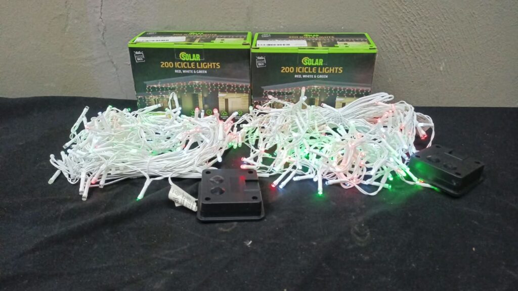 Lot: 2 × Solar 200 Icicle LED Light Sets (Red, White & Green) — Boxed, Tested & Working