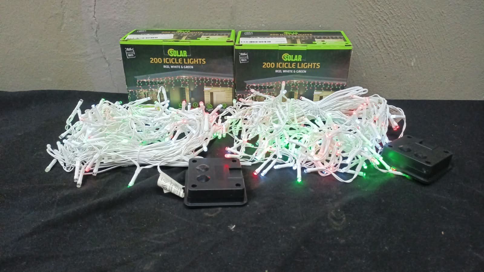 Lot: 2 × Solar 200 Icicle LED Light Sets (Red, White & Green) — Boxed, Tested & Working