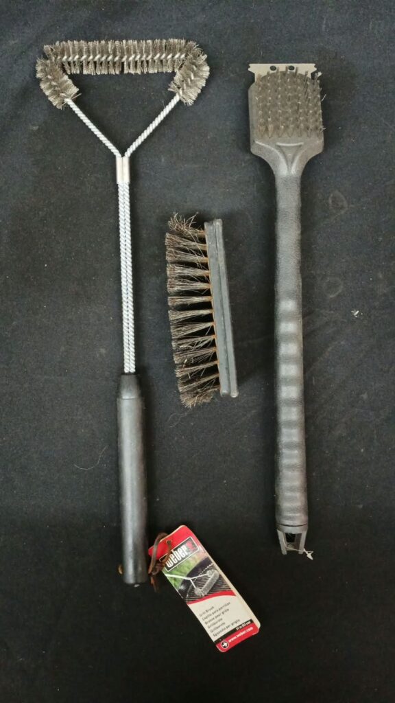 Lot of 3 Barbecue Grill Brushes — long Weber wire-loop brush, small hand brush and long-handled scraper with razor blade