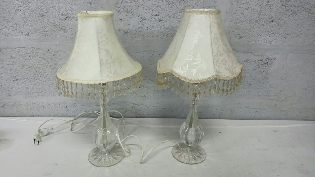 Pair of glass table / bedside lamps with fabric shades and beaded fringe