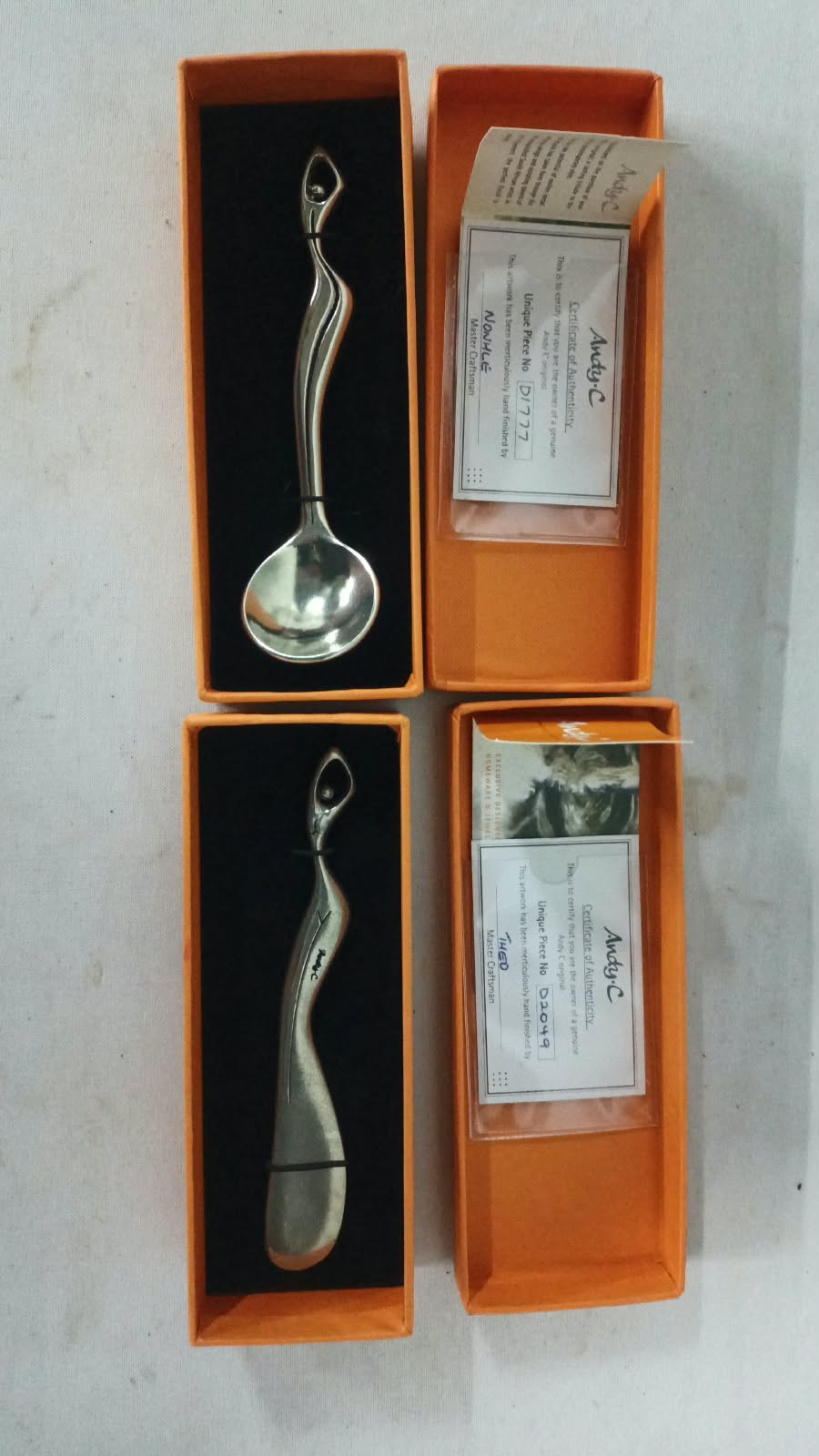 Pair of Andy.C Sterling Decorative Spoons / Ladles in Original Orange Boxes — Hallmarked, Like New