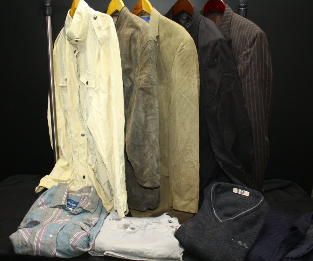 Mixed men’s outerwear & shirts lot — jackets, coats, jumper, Wrangler & U.S. Polo Assn labels visible