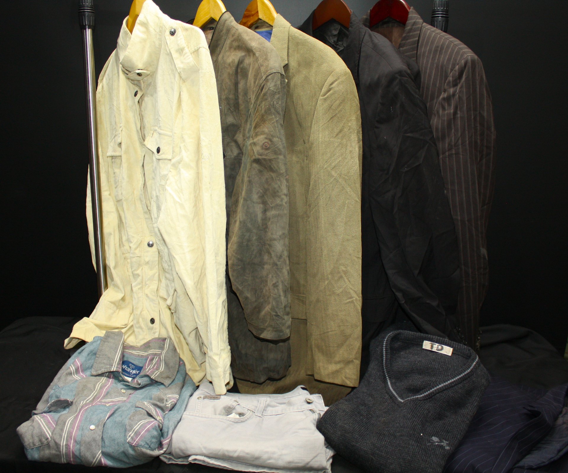 Mixed men’s outerwear & shirts lot — jackets, coats, jumper, Wrangler & U.S. Polo Assn labels visible