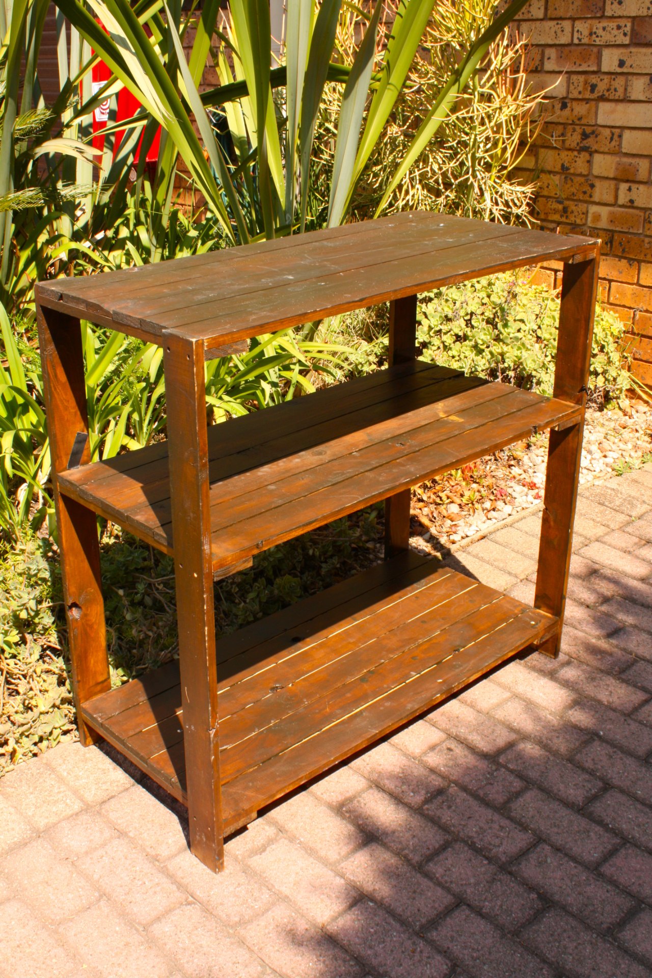 Rustic 3-tier Wooden Shelving Unit — Worn Finish, Visible Repair, Sold As-Is