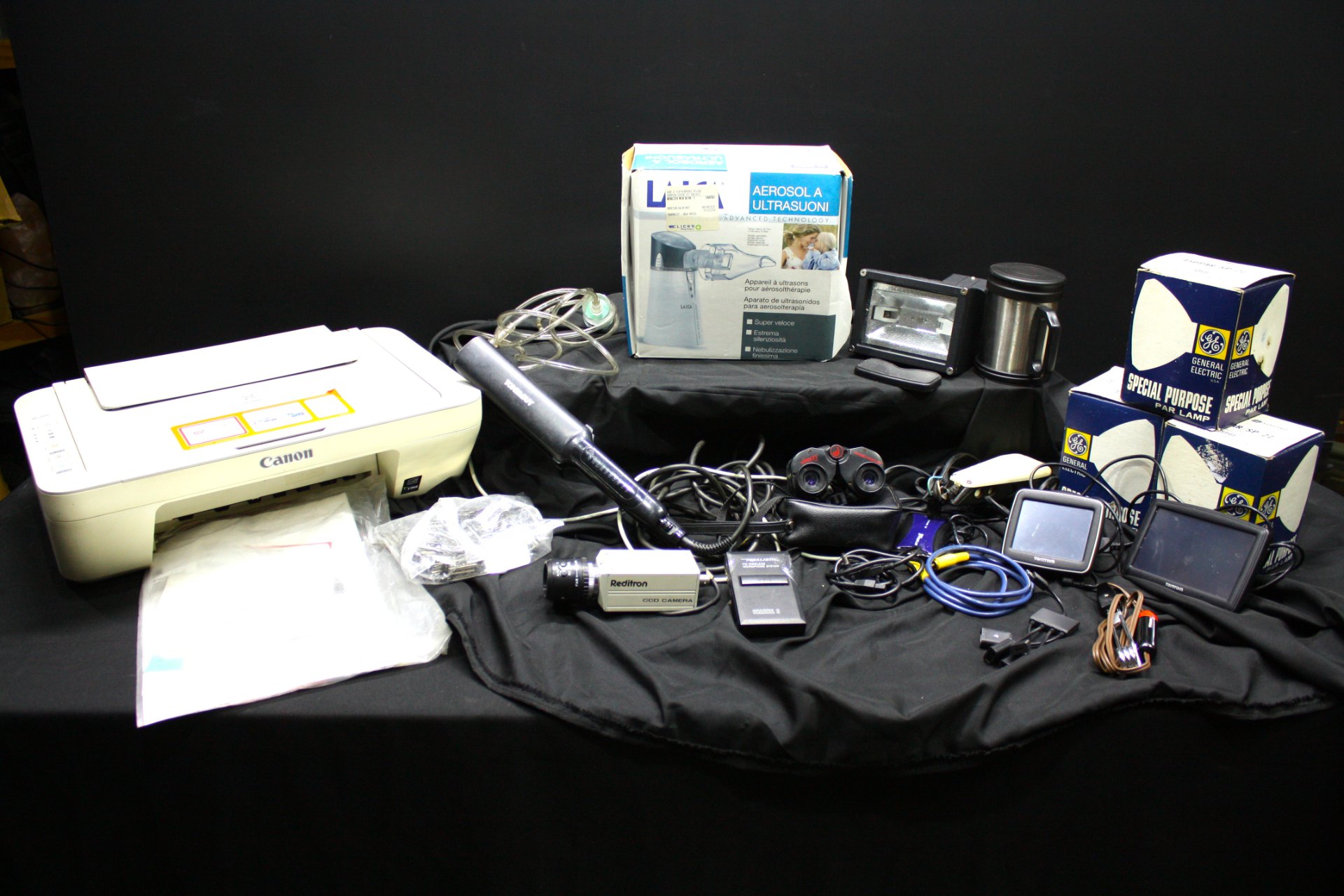 Mixed lot: Canon printer, TomTom GPS (x2), Laica nebuliser (boxed), Reditron CCD camera, Toni&Guy styler, cables & accessories – Untested