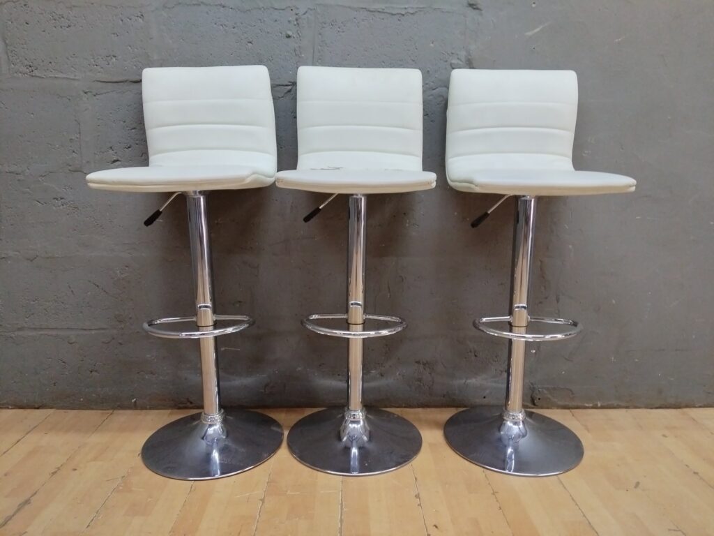 Set of 3 White Adjustable Bar Stools — Faux-PU Seats, Chrome Gas-Lift Bases