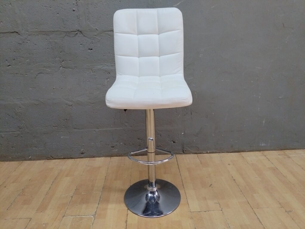 White Adjustable Faux‑Leather Bar Stool on Chrome Pedestal — Height Tested, Light Marks